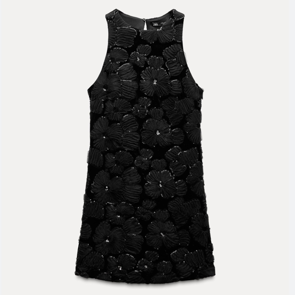 Zara Women M Textured Flower Sequin Dress Black Festival Holiday 7969/254 New